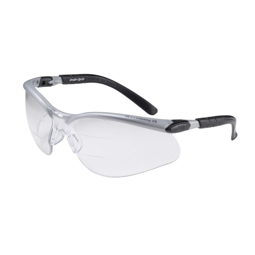 3M™ 7000127663 BX™ Bi-Focal Lens Reader Protective Eyewear, 2.5 Diopter, Clear Lens, Black/Silver, Plastic Frame, Polycarbonate Lens, 99.9 % UV Protection, ANSI Z87.1-2015, CSA Z94.3-2007