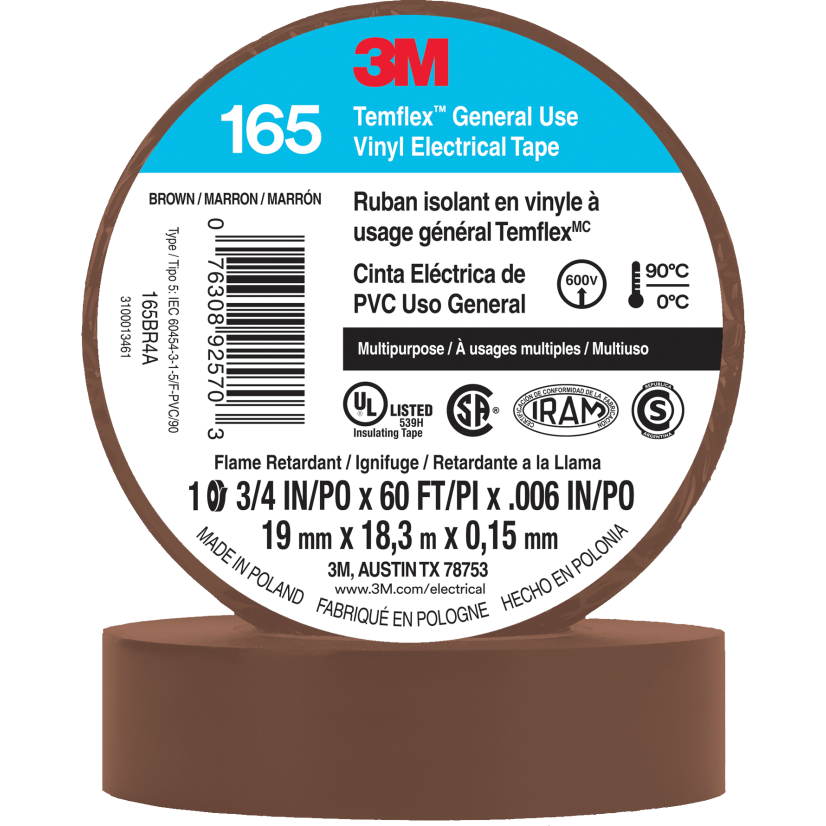 Temflex 7100169191 165BR4A Electrical Tape, 20 yd L 0.75 in W, 0.6 in THK, Vinyl, Rubber Adhesive, PVC Backing, Brown