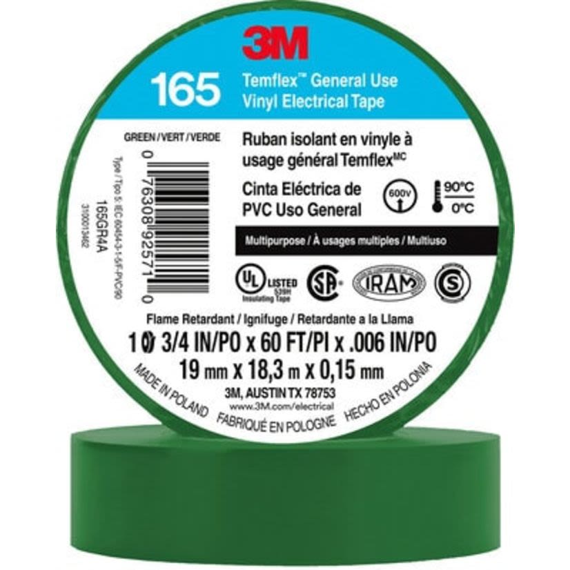 Temflex 7100169430 165GR4A Electrical Tape, 20 yd L 0.75 in W, 0.6 in THK, Vinyl, Rubber Adhesive, PVC Backing, Green