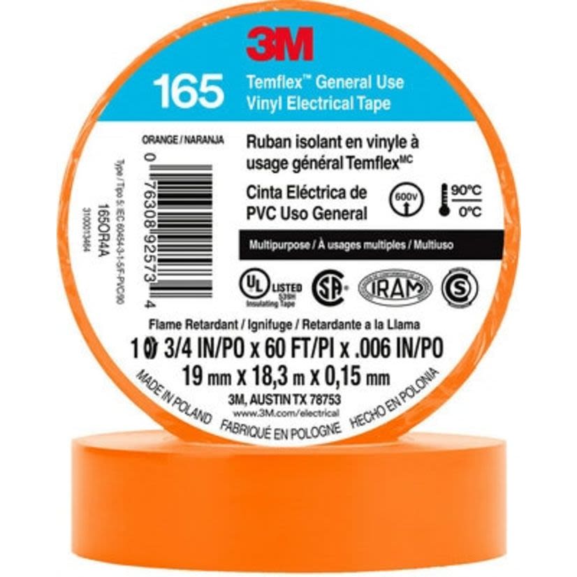 Temflex 7100169433 165OR4A Tape, 20 yd L 0.75 in W, 0.6 in THK, Vinyl, Rubber Adhesive, PVC Backing, Orange