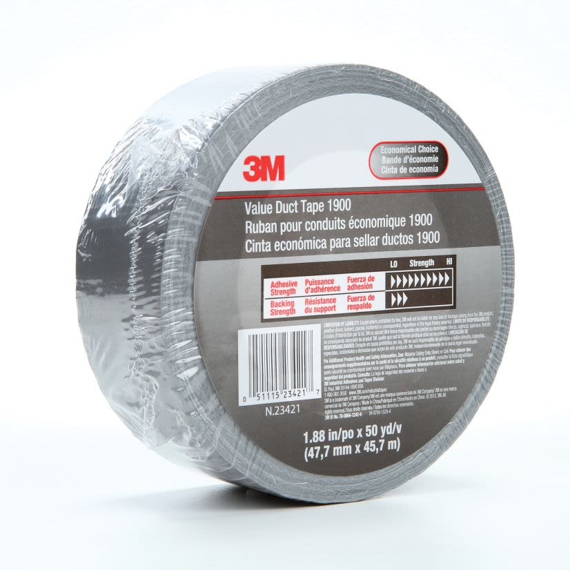 3M™ 051115-23421 1900 General Purpose Value Level Duct Tape, 50 yd L x 1.88 in W, 5.8 mil THK, Synthetic Rubber Adhesive, Polyethylene Over Cloth Scrim Backing, Silver