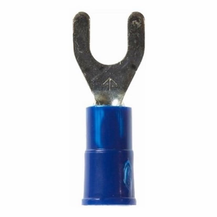 Highland 7010400990 Insulated Fork Terminal, 16 to 14 AWG Conductor, 0.9 in L, Butted Seam Barrel, Electrolytic Copper/Vinyl, Blue