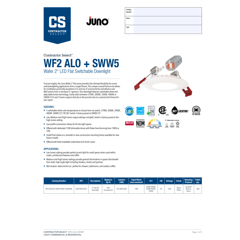 Lithonia Lighting WF2 RD ALO25 SWW5 90CRI 120 MW M6 2" Ultra Thin Recessed Light
