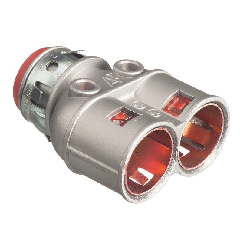 Arlington Snap2IT 4040AST Duplex Cable Connector With Insulated Throat, Red Tinted Clip, 3/8 in Trade, 1/2 in Knockout, 0.485 to 0.612 in Cable Openings, Die Cast Zinc