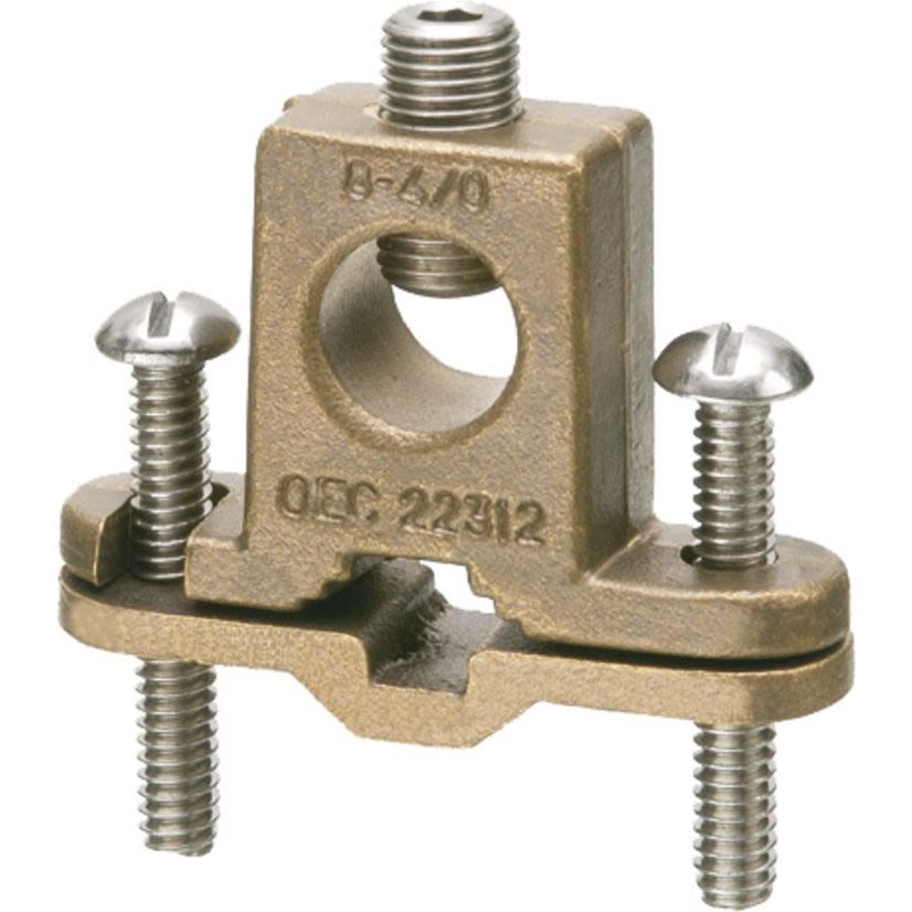 Arlington 718DB Bare Wire Ground Clamp With Box Style Lug, Stainless Steel Screw, 8 to 4/0 AWG Conductor, Bronze/Steel
