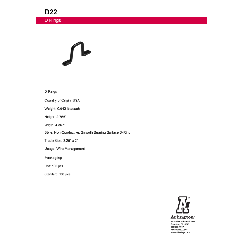 Arlington D22 Non-Conductive D-Ring, 2 x 2 in Ring, 2-1/4 in Dia Cable, Plastic