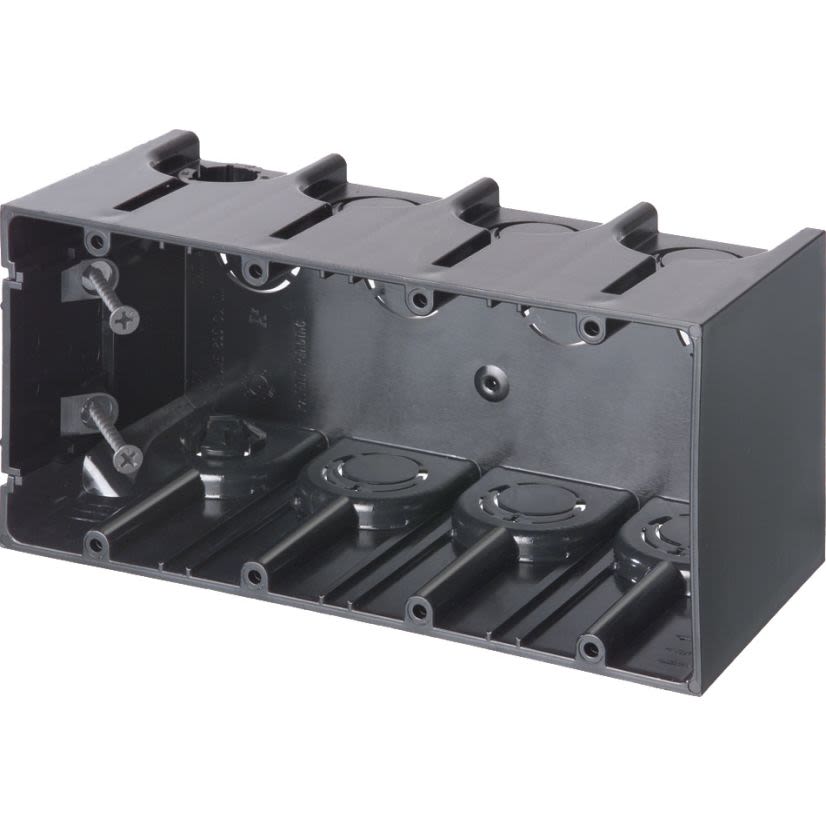 Arlington ONE-BOX™ F104 Versatile Outlet Box With (2) Captive Screws and (1) Knockout, Plastic, 80 cu-in Capacity, 4 Gangs, 4 Outlets, 7.74 in L x 3.74 in W x 3.51 in H