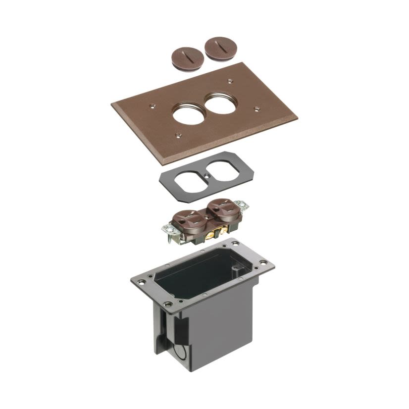 Arlington FLBR101BR Adjustable Floor Box With (2) Threaded Plugs, Plastic, 20 cu-in Capacity, 1 Gang, 6.5 in L x 4.125 in W x 3.738 in H