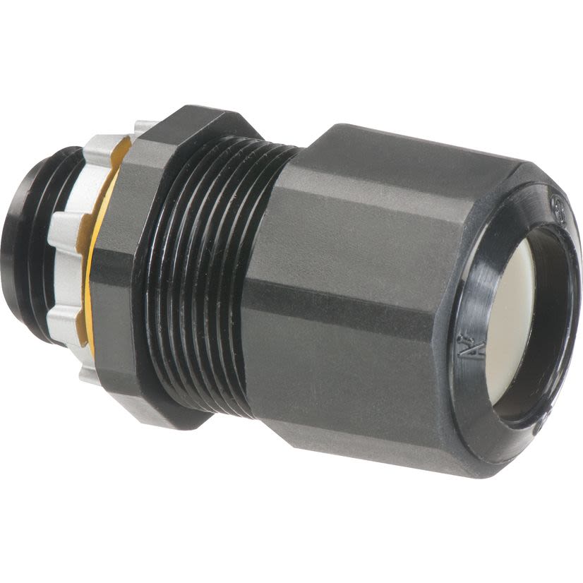 Arlington Colorgrip® LPCG754BL Low Profile Oiltight Strain Relief Cord Connector With Sealing Ring, Locknut, 3/4 in Trade, 0.24 to 0.472 in Cable Openings, Nylon/Zinc
