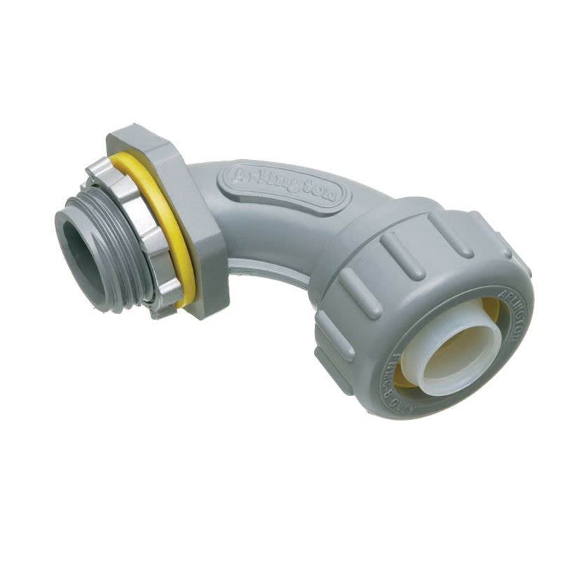 Arlington NMLT90125 Liquidtight Conduit Connector, 1-1/4 in Trade, 90 deg, UV-Rated Plastic