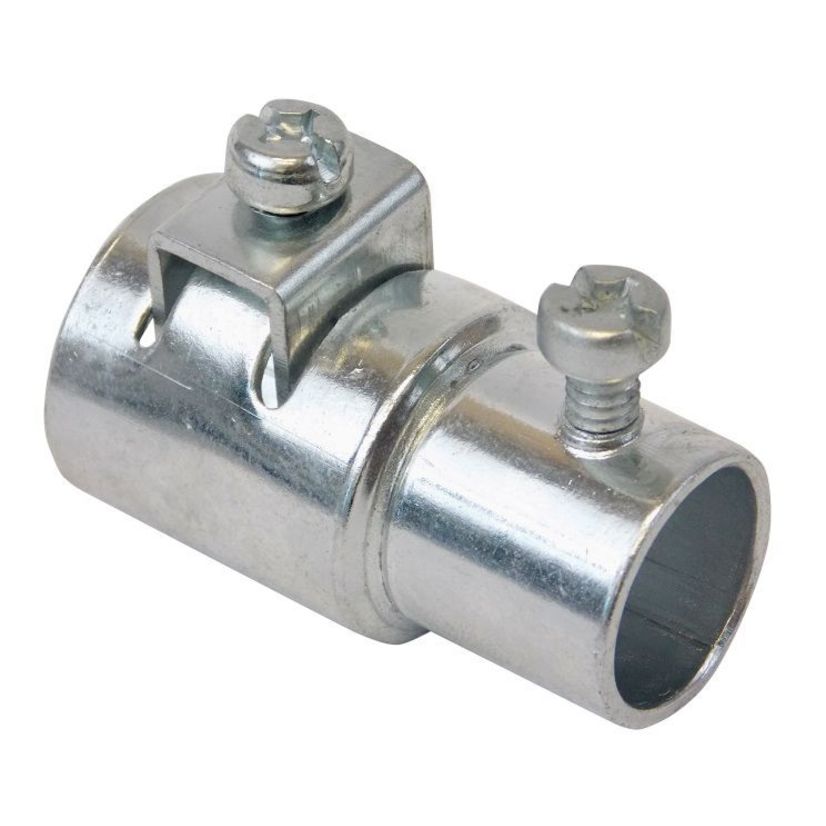 Allied Tube & Conduit DBS50KON 1-Piece Double Bite Saddle Straight Set Screw Coupling, 1/2 in, For Use With EMT Conduit, Steel, Zinc Plated