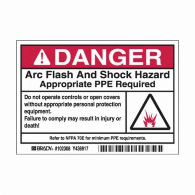 Brady 101951 High Performance Laminated Non-Reflective Rectangular Self-Adhesive Arc Flash Protection Label, 5 in W, Black/Red on White, B-302 Polyester, 5 per Pack Labels