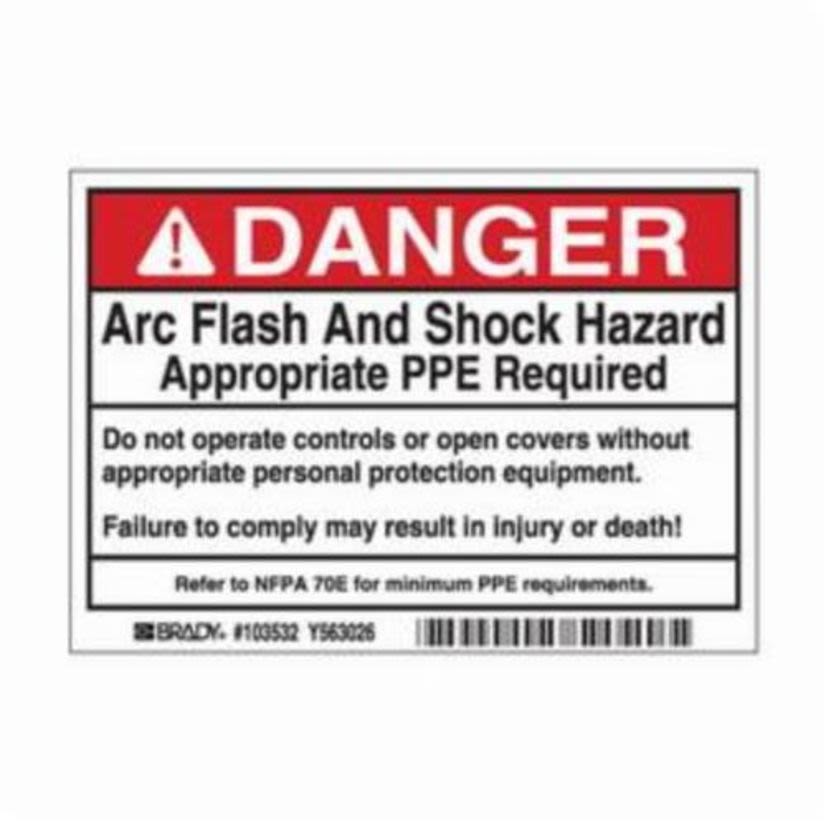 Brady® 103532 Rectangle Arc Flash Protection Label, DANGER, 3-1/2 in H x 5 in W, Red/Black on white, B-302 Polyester, Self-Adhesive/Surface Mounting