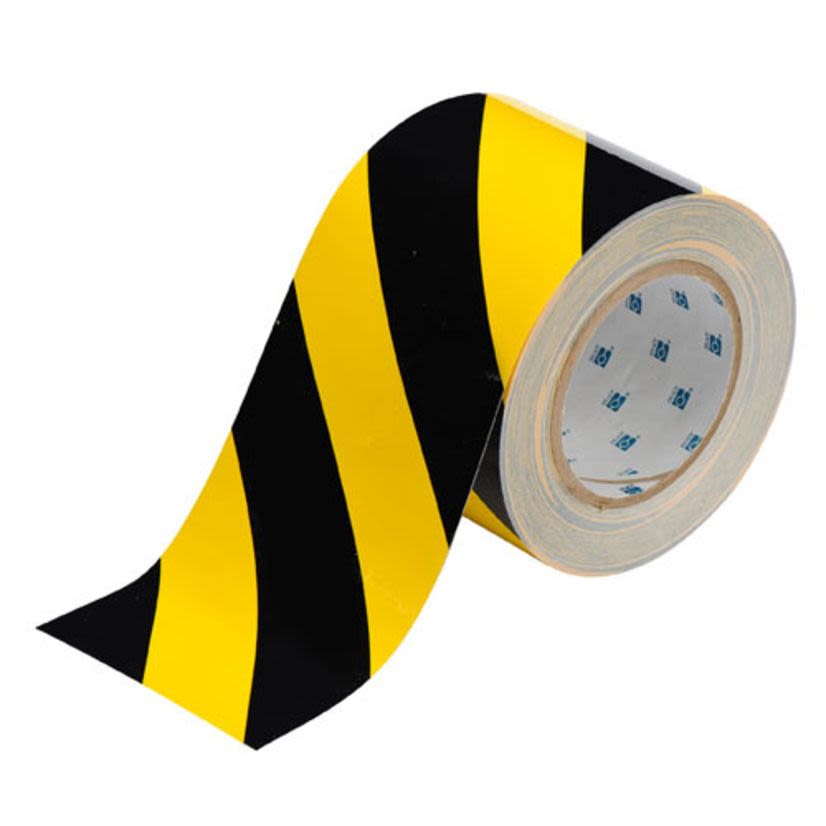 Brady ToughStripe 104377 Non-Reflective Overlaminate Floor Marking Tape, 100 ft L x 4 in W, Black on Yellow, B-514 Polyester