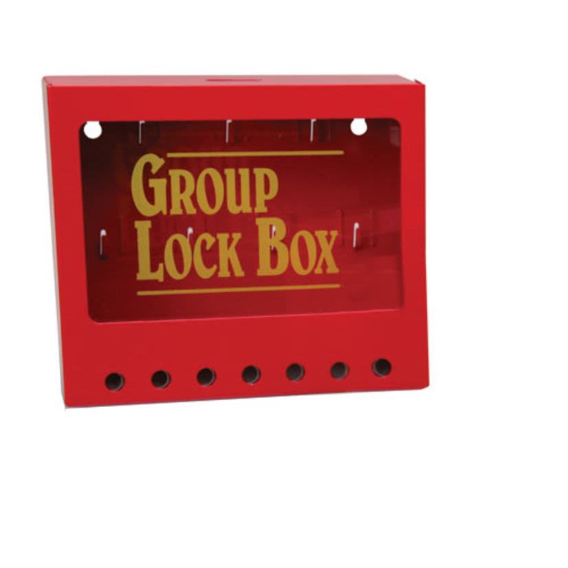 Brady® 105714 Empty Group Lockout Box, 7 Padlocks, Sliding Lexan Door, Yellow on Red, 7 in H x 8 in W x 2-1/2 in D, Wall Mount, 7 Key Hooks