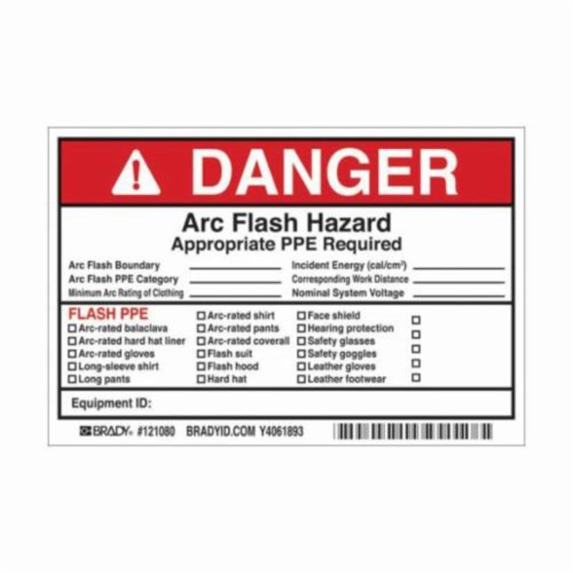 Brady® 121080 Non-Laminated Non-Reflective Rectangular Self-Adhesive Write-On Arc Flash Label, 6 in W, DANGER ARC FLASH HAZARD APPROPRIATE PPE REQUIRED ARC FLASH BOUNDARY ___ HAZARD RISK CATEGORY ___ MINIMUM ARC RATING OF CLOTHING ___ Legend