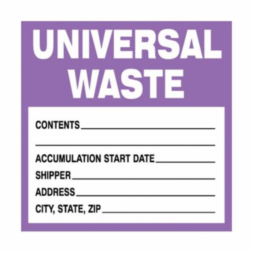 Brady 121437 Non-Reflective Self-Adhesive Square Hazardous Waste Label, 6 in W, UNIVERSAL WASTE CONTENTS__ ACCUMULATION START DATE___ SHIPPER___ Legend, Black/Purple on White, B-7569 Adhesive Vinyl Film, 100 per Pack Labels