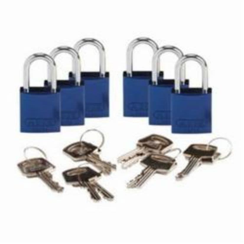 Brady ABUS 133289 Anti-Spark Compact Key Retaining Safety Padlock, Alike Key, Blue, Anodized Aluminum Body, 1/4 in Dia x 1 in H x 3/4 in W Polished Chrome Aluminum Shackle, 1-1/4 in L Body