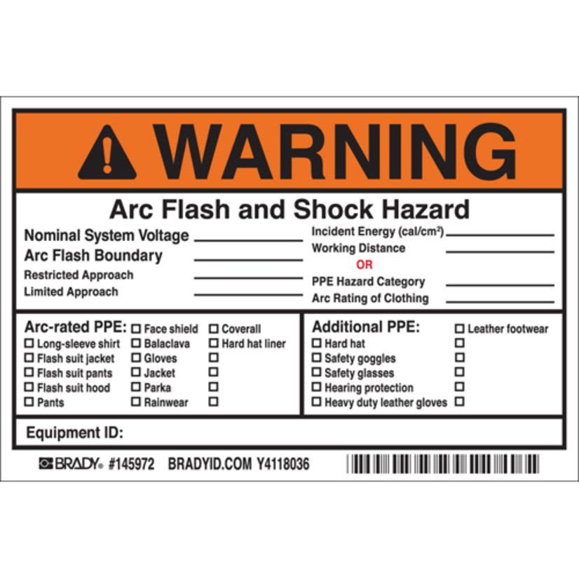 Brady 145972 Non-Reflective Rectangular Self-Adhesive Arc Flash Label, 6 in W, WARNING Arc Flash and Shock Hazard/Nominal System Voltage/Arc Flash Boundary/Restricted Approach/Limited Approach Legend, Black/Orange/Red on White, B-7569 Adhesive Vinyl Film