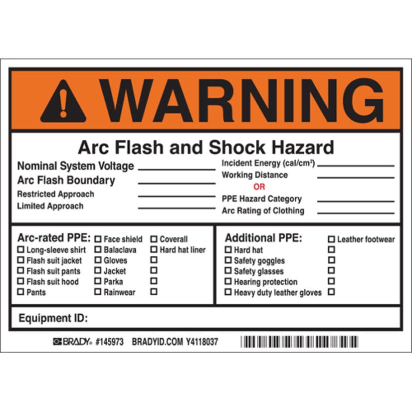 Brady 145973 Non-Reflective Rectangular Self-Adhesive Arc Flash Label, 7 in W, WARNING Arc Flash and Shock Hazard/Nominal System Voltage/Arc Flash Boundary/Restricted Approach/Limited Approach Legend, Black/Orange/Red on White, B-7569 Adhesive Vinyl Film
