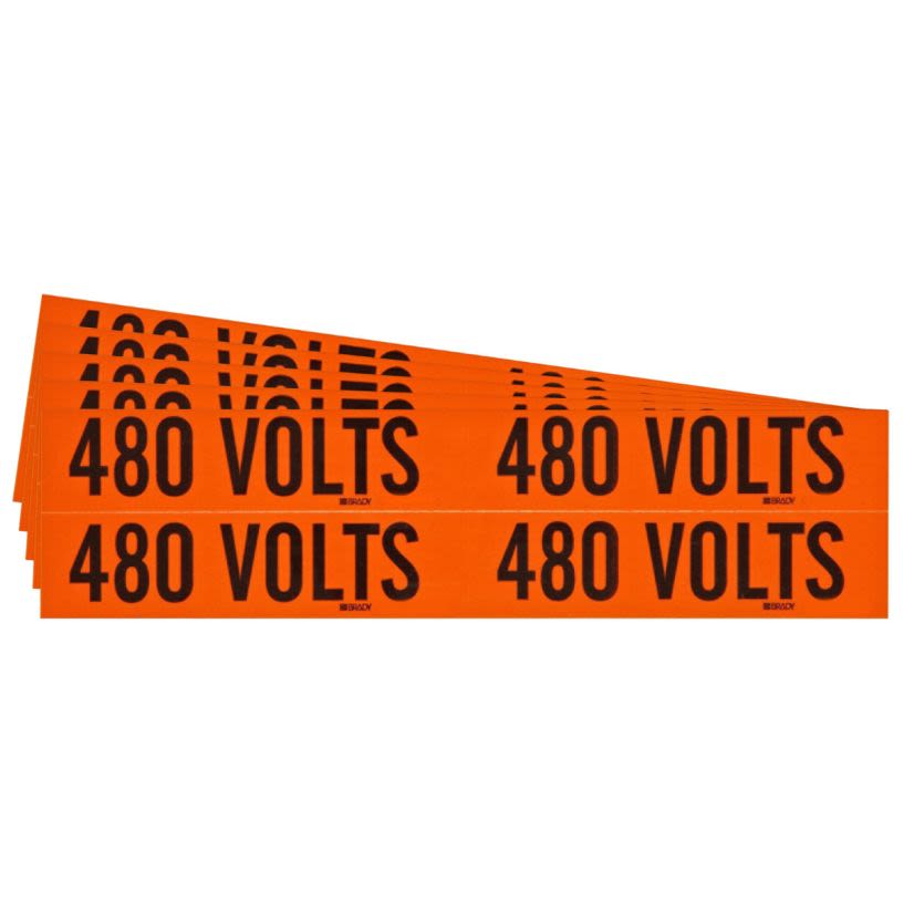 Brady CleanLift 152371 Repositionable Rectangle Self-Adhesive Style B Conduit and Voltage Label, 4-1/8 in W, 480 VOLTS Legend, Black Legend, Orange Background, B-498 Vinyl Cloth