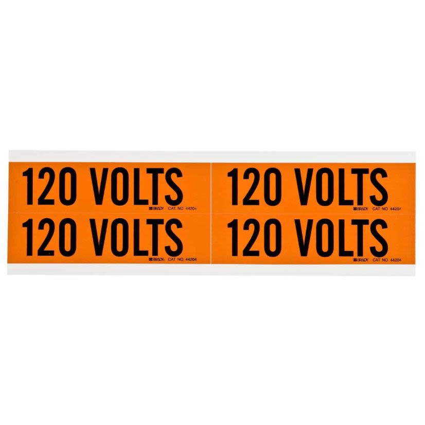 Brady 44204 B Style Rectangular Removable Rubber-Based Adhesive Conduit and Voltage Marker, 4-1/8 in W x 4-1/8 in L, 120 VOLTS Legend, Black Legend, Orange Background, B-498 Vinyl Coated Fabric