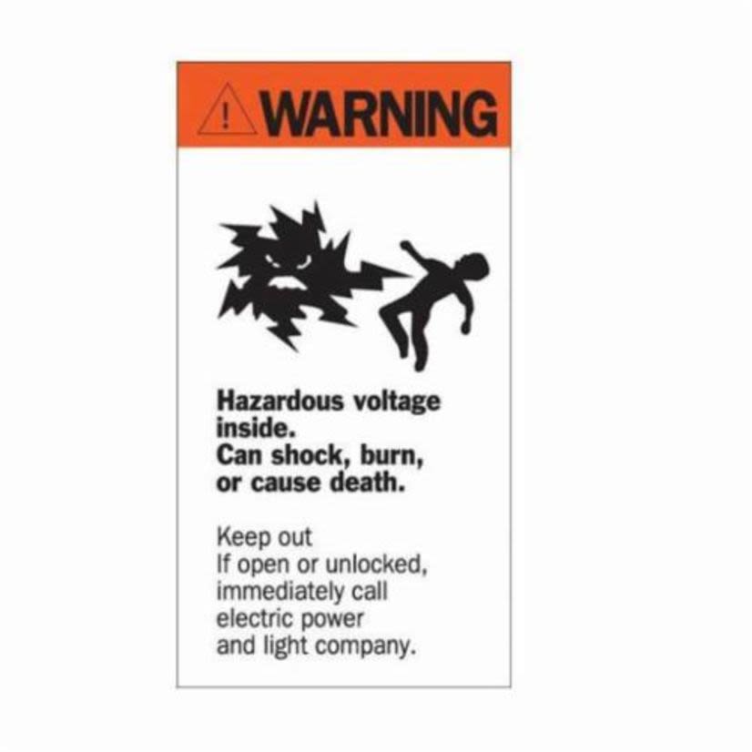 Brady 46346 Non-Reflective Rectangular Self-Adhesive Safety Label, 4-1/2 in W, WARNING HAZARDOUS VOLTAGE INSIDE. CAN SHOCK, BURN, OR CAUSE DEATH. KEEP OUT IF OPEN OR UNLOCKED, IMMEDIATELY CALL ELETRIC POWER AND LIGHT COMPANY. Legend, Black/Red on White