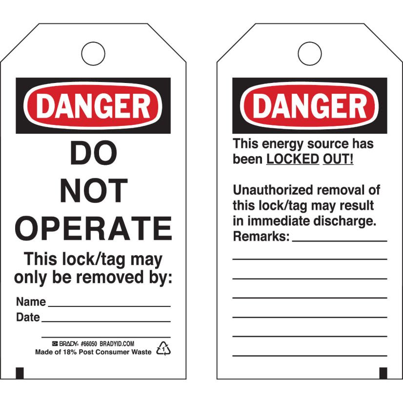 Brady 65407 Rectangular Lockout Tag, 5-3/4 in H 3 in W, 3/8 in Hole, B-853 Cardstock