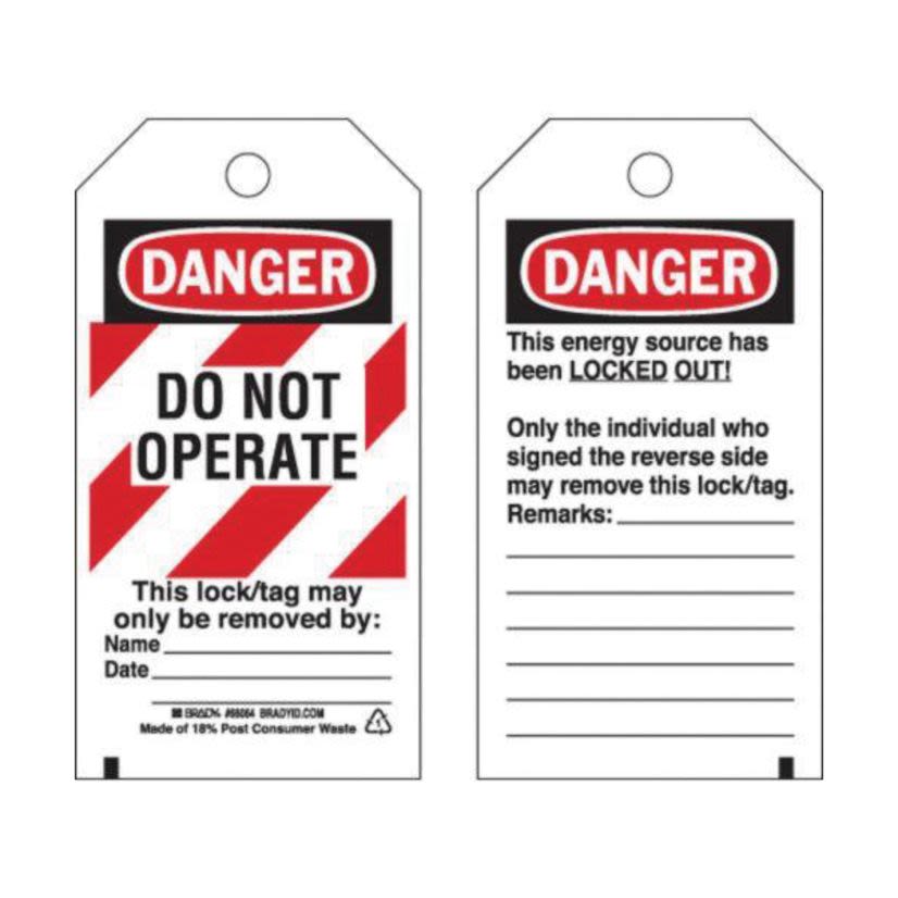 Brady 66064 Rectangular Self-Laminating Lockout Tag, 5-3/4 in H x 3 in W, Black/Red on White, 3/8 in Hole, B-851 Polyester