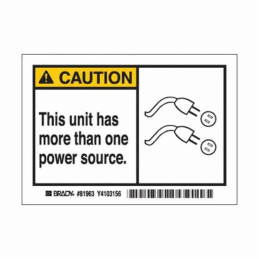 Brady 81963 Laminated Non-Reflective Rectangular Self-Adhesive Safety Label, 5 in W, CAUTION This unit has more than one power source. Legend, Black/Yellow on White, B-302 Polyester, 5 per Pack Labels