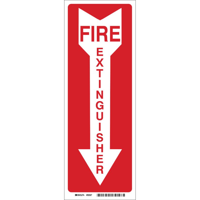 Brady 85261 Rectangular Fire Extinguisher Sign, 14 in H 3-1/2 in W, White on Red, B-302 Polyester, Adhesive Mount