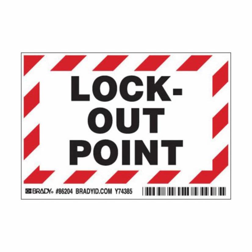 Brady 86204 Laminated Non-Reflective Rectangular Self-Adhesive Safety Label, 5 in W, LOCK-OUT POINT Legend, Black/Red on White, B-302 Polyester, 5 per Pack Labels