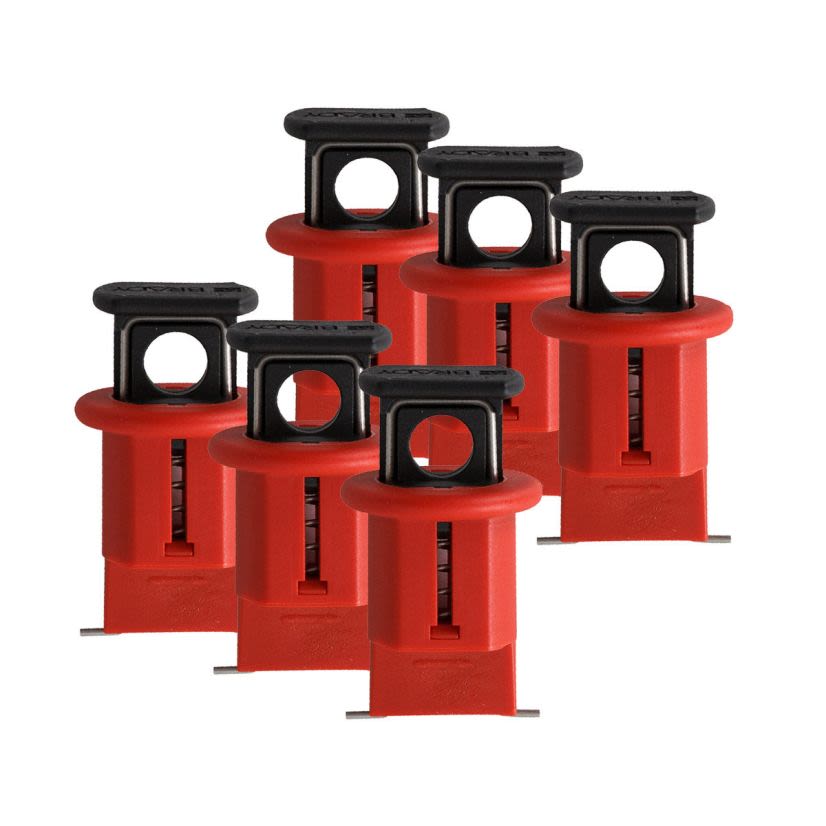 Brady 90851 Electrical Risk Circuit Breaker Lockout With Pin-Out Wide, For Use With European and Asian Equipment, Miniature Circuit Breaker Switch, 6 Padlocks, 0.32 in Dia Max Padlock Shackle, LOTO-26 Fiberglass Reinforced Nylon, Red