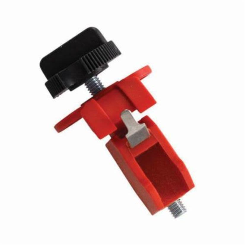 Brady 90853 DIN Style Electrical Risk Circuit Breaker Lockout With Tie-Bar, For Use With European and Asian Equipment, Miniature Circuit Breaker Switch, 1 Padlocks, 0.32 in Dia Max Padlock Shackle, LOTO-27 Fiberglass Reinforced Nylon, Red
