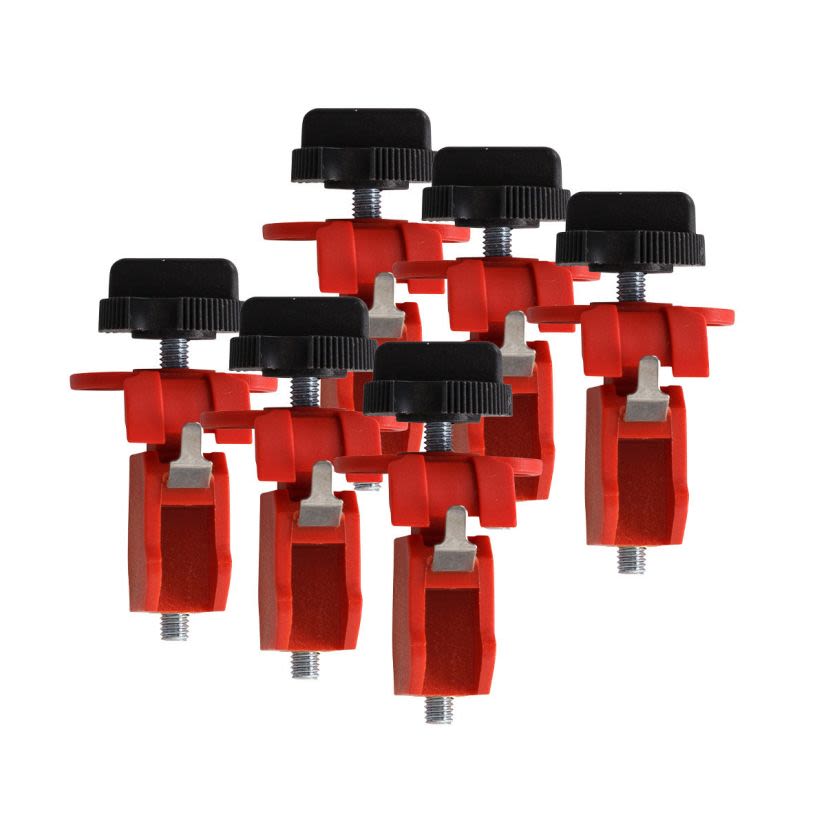 Brady 90854 Electrical Risk Circuit Breaker Lockout With Tie-Bar, For Use With European and Asian Equipment, Miniature Circuit Breaker Switch, 6 Padlocks, 0.32 in Dia Max Padlock Shackle, LOTO-27 Fiberglass Reinforced Nylon, Red