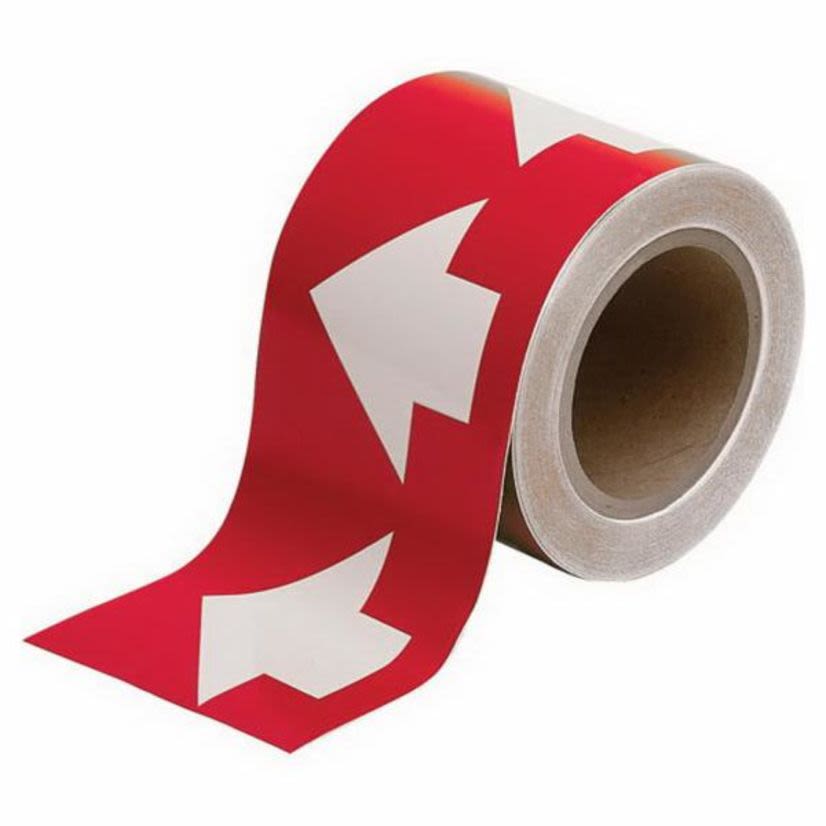 Brady 91288 Permanent Acrylic Arrow Tape, White on Red, 30 yd L x 4 in W x 0.004 in THK, B-946 Vinyl, 270 Markers per Card