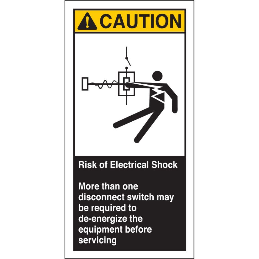Brady 96175 High Performance Laminated Non-Reflective Rectangular Self-Adhesive Safety Label, 3 in W, CAUTION RISK OF ELECTRICAL SHOCK MORE THAN ONE DISCONNECT Legend, Black/Yellow on White, B-302 Polyester, 5 per Pack Labels