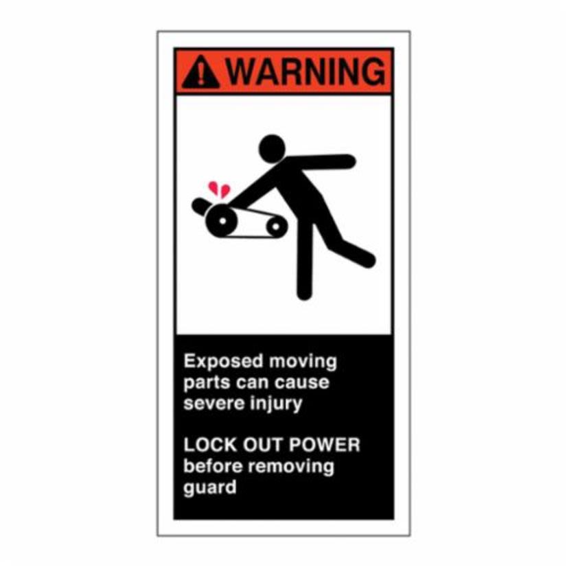 Brady 96180 High Performance Laminated Non-Reflective Rectangular Self-Adhesive Safety Label, 3 in W, WARNING EXPOSED MOVING PARTS CAN CAUSE SEVERE INJURY LOCK Legend, Black/Orange/Red on White, B-302 Polyester, 5 per Pack Labels