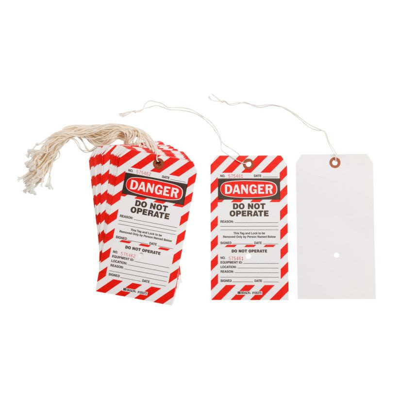 Brady® CLT4 1-Sided Rectangular Lockout Tag, 7-1/2 in H x 4 in W, Black/Red on White, 3/8 in Hole, B-853 Cardstock