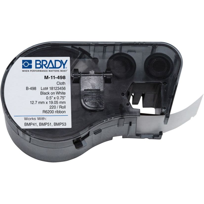 Brady CleanLift M-11-498 M Series Rectangular Label Maker Cartridge, 1/2 in L x 3/4 in W, For Use With BMP 41, BMP 51 and BMP 53 Label Makers, B-498 Vinyl Coated Fabric, Black on White