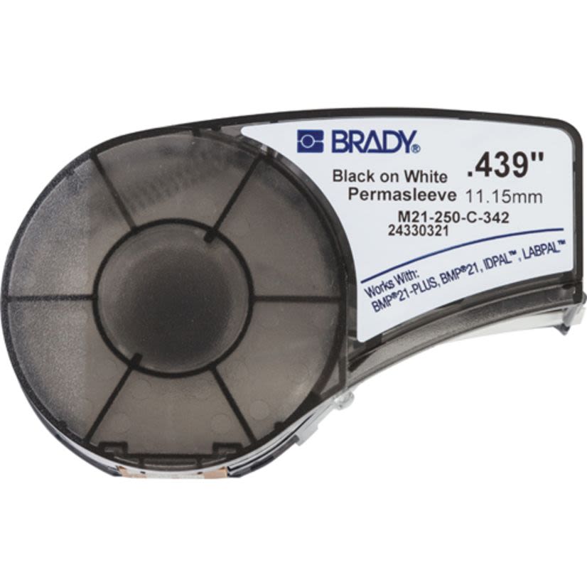 Brady PermaSleeve M21-250-C-342 BMP21 Heat Shrink Tubing Cartridge Label, 7 ft L x 0.439 in W, Black on White, B-342 Polyolefin