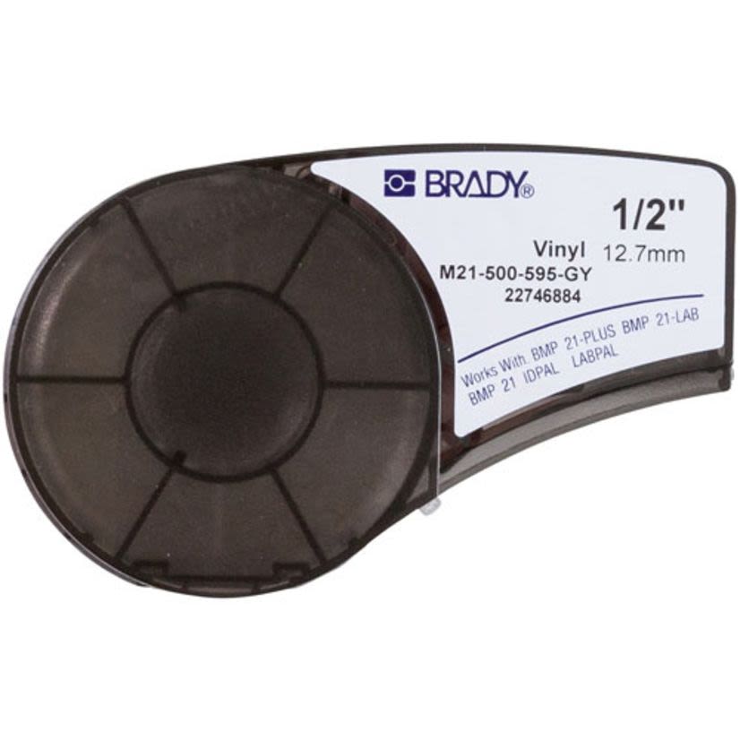 Brady M21-500-595-GY BMP21 Printer Label, 21 ft L x 1/2 in W, Black on Gray, B-595 Vinyl