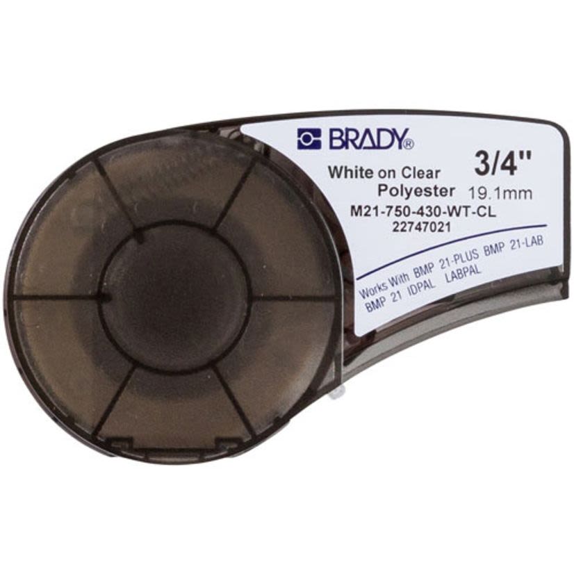 Brady WorkHorse M21-750-430-WT-CL BMP21 Printer Label, 21 ft L x 3/4 in W, White on Clear, B-430 Polyester