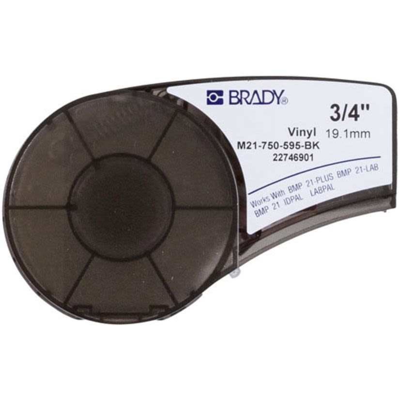 Brady M21-750-595-BK BPM21 Printer Label, 21 ft L x 3/4 in W, For Use With BMP 21 PLUS Portable Label Printers, IDPAL and LABPAL Handheld Label Maker, B-595 Vinyl, White on Black