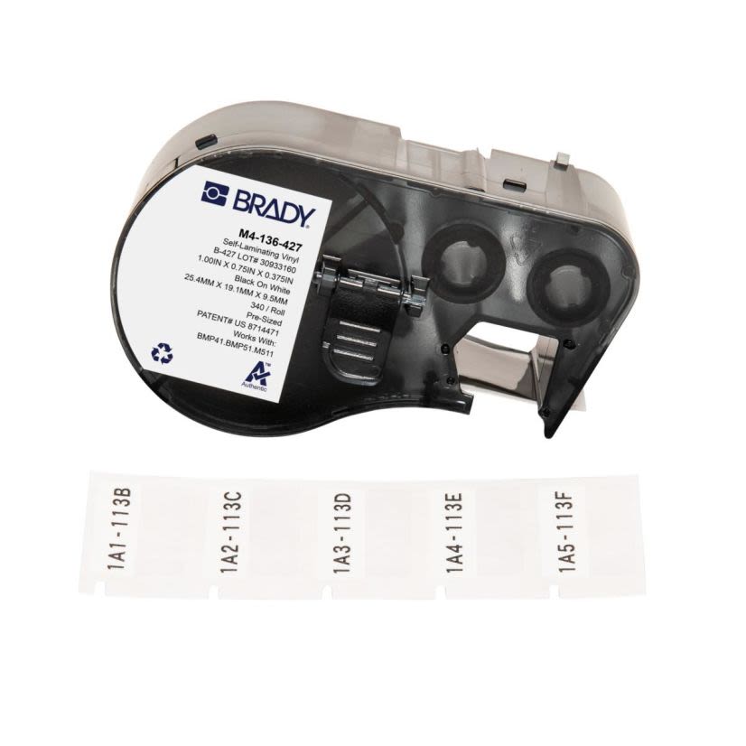 Brady M4-136-427 Self-Laminating Wire and Component Label, 25.4 mm W, Black on White/Clear, B-427 Vinyl