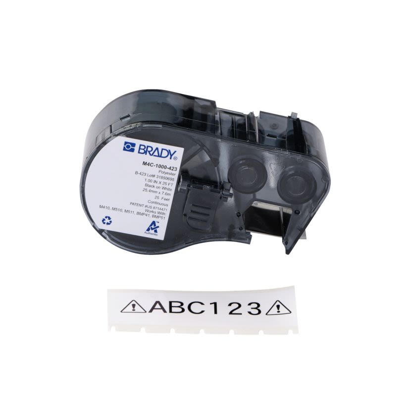 Brady M4C-1000-423 Aggressive Adhesive Inspection Repair Label, 25 ft L x 1 in W, Black on White, B-423 Polyester