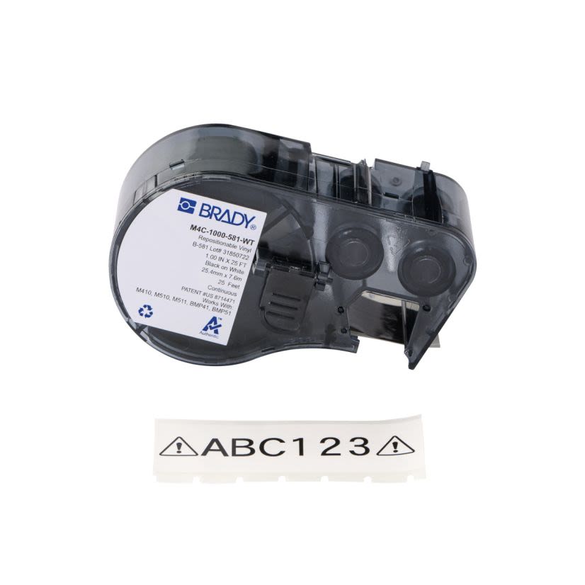 Brady M4C-1000-581-WT Aggressive Adhesive Repositionable Label, 25 ft L x 1 in W, Black on White, B-581 Vinyl