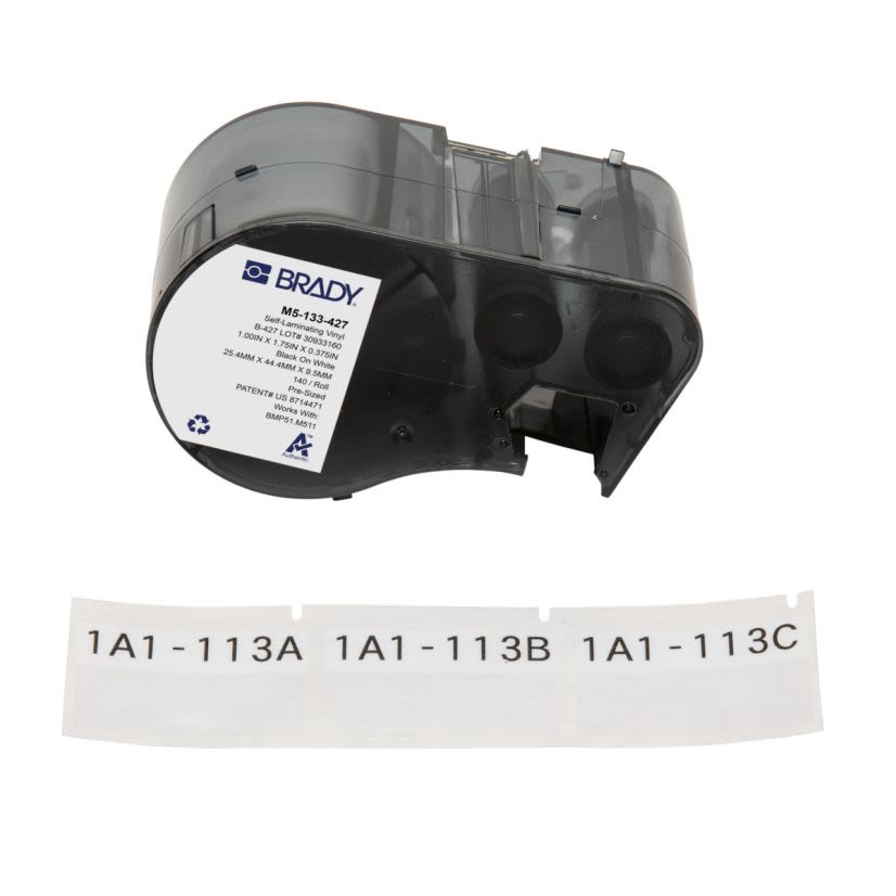 Brady M5-133-427 Self-Laminating Wire and Component Label, 1.75 in W, Black on White/Clear, B-427 Vinyl