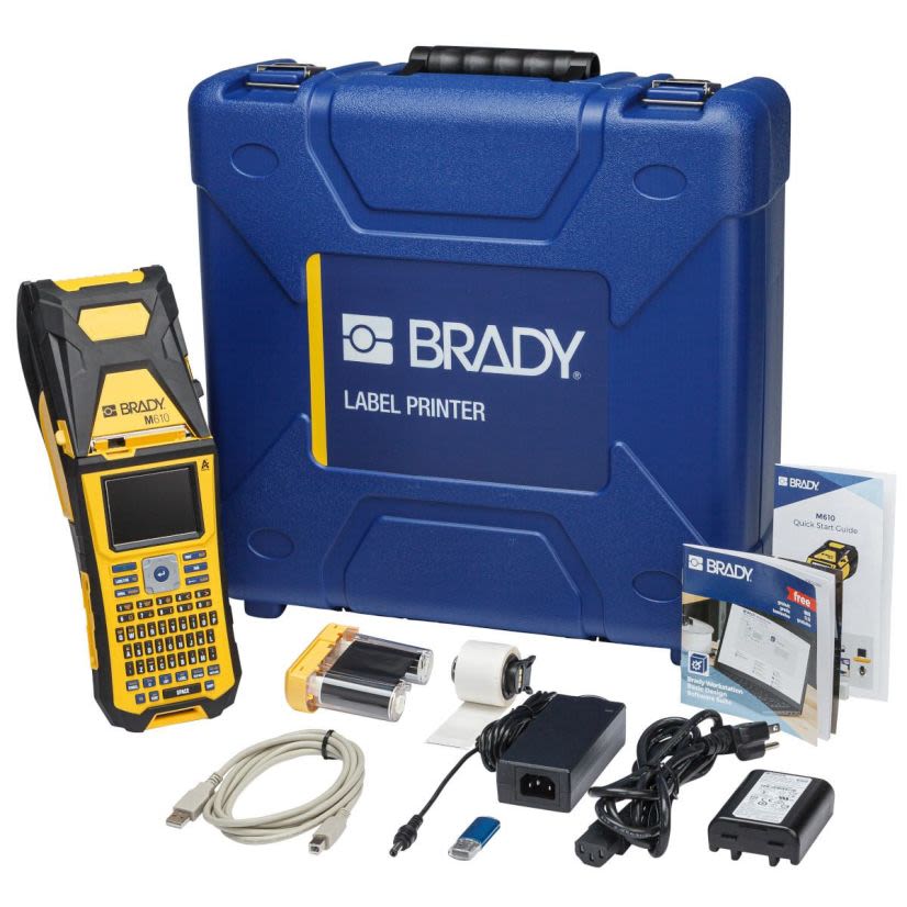 Brady M610-KIT 300 dpi Barcode Capable Single Color Handheld Label Maker, Thermal Transfer Print, 2 in W Tape, 4 - 170 Point Font, Power Source: AC Power/Lithium-Ion Battery, Color LCD Touch Screen Display