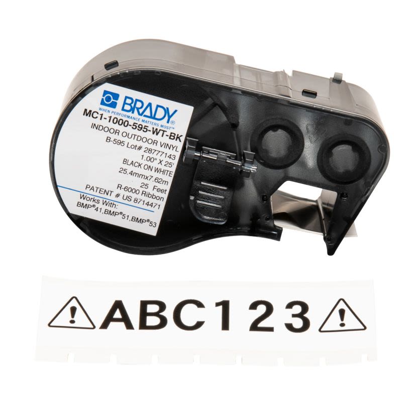 Brady MC1-1000-595-WT-BK M Series Label Maker Cartridge, 25 ft L x 1 in W, For Use With BMP 41 Label Printers, BMP 51 and BMP 53 Label Maker, B-595 Vinyl, Black on White